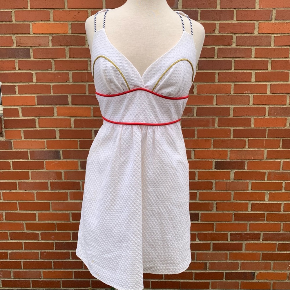 Voom by Joy Han white dress with gold and red piping,blue striped straps M